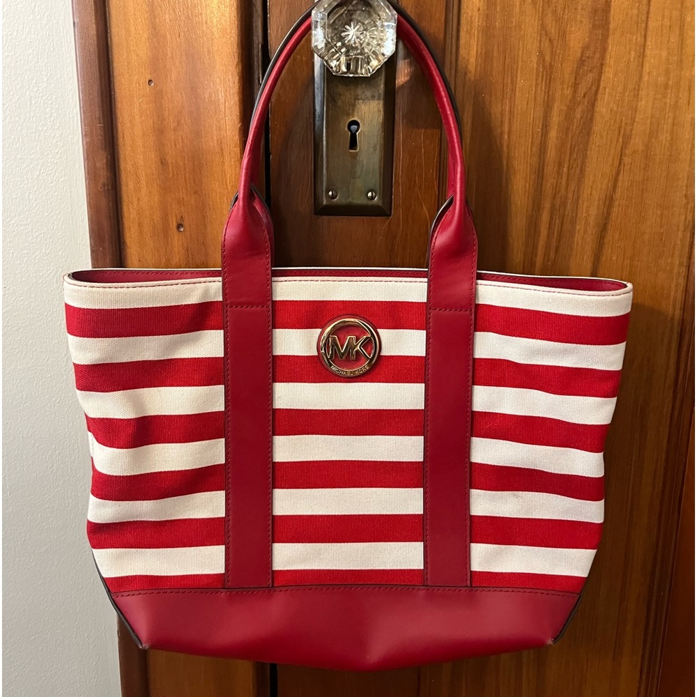 Michael Kors Red and White Striped Canvas Tote